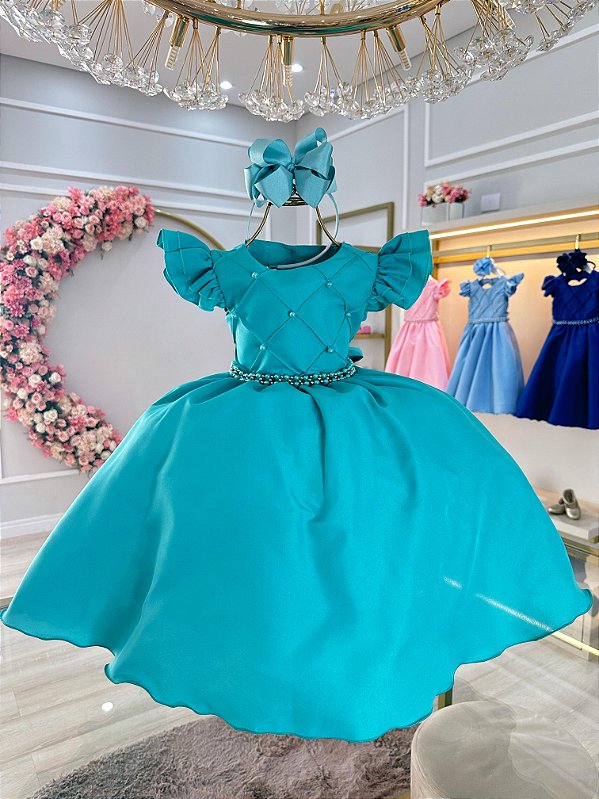Vestido Infantil Verde Tiffany Daminha Festa Pérolas Luxo