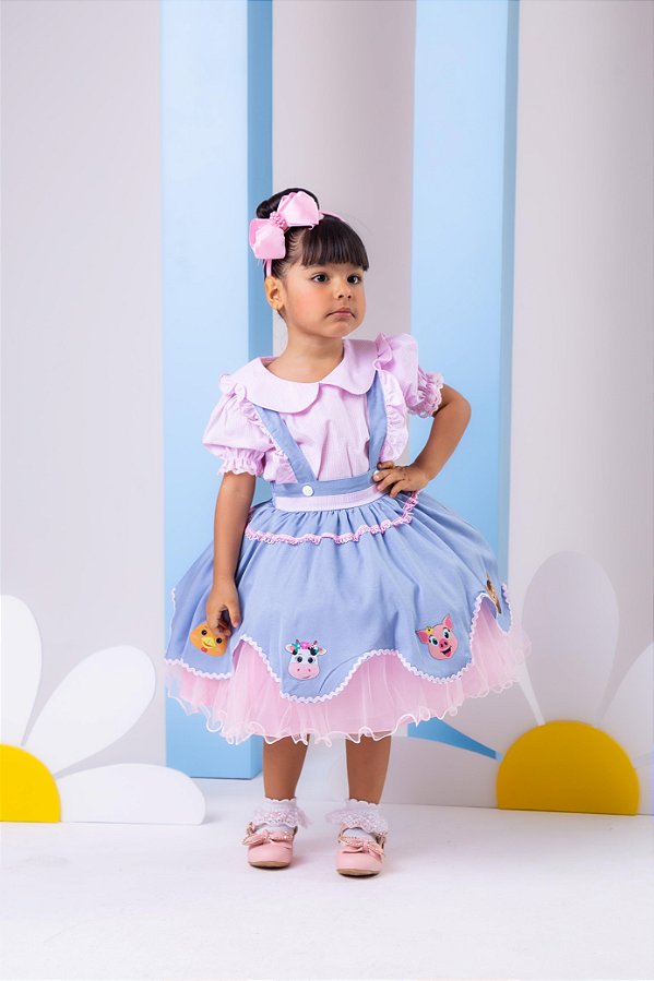Vestido Infantil Menina Tematico Fazendinha Fazenda Rosa Bebe Salopete Jeans Lux