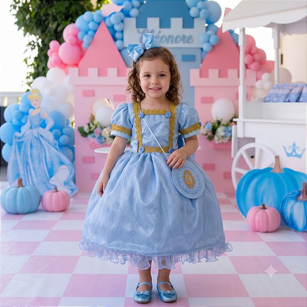 Vestido Infantil Princesa Azul Realeza Festa Aniversario com Bolsinha