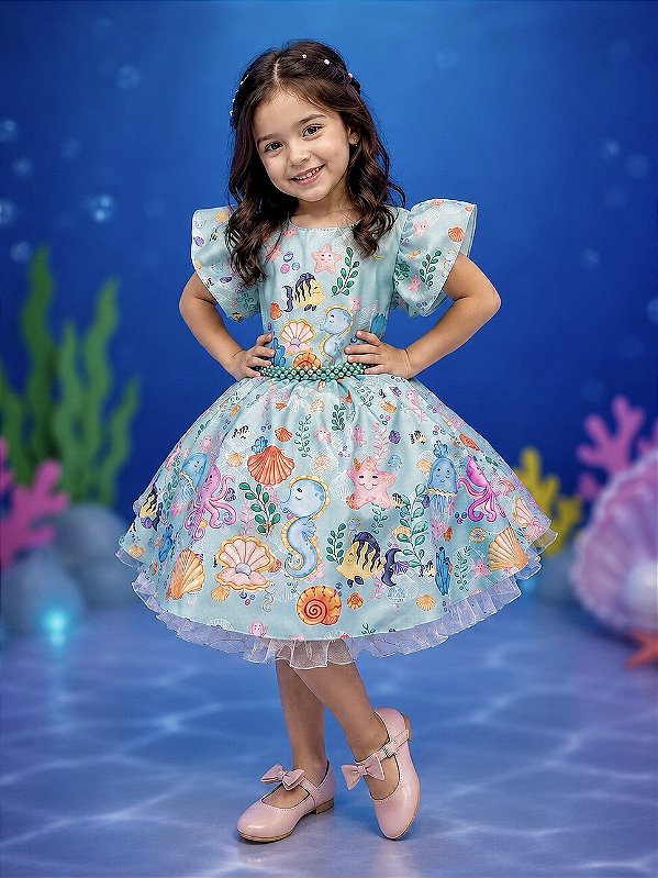 Vestido Infantil Fundo do Mar Verde Claro Festa Aniversario