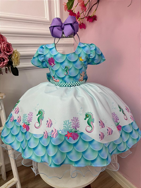 Vestido Infantil Fundo do Mar Menina Festa Aniversario Luxo