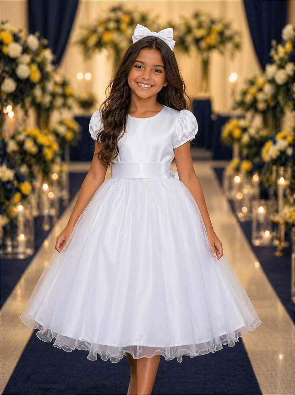 Vestido Infantil Branco Acetinado Daminha Festas Luxo