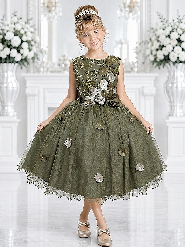 Vestido Infantil Verde Oliva Midi Formatura Festas Luxo