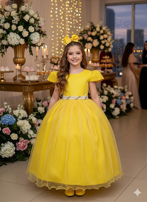 Vestido Infantil Formatura Amarelo Longo Tule com Glitter 4 ao 18