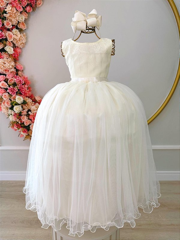 Vestido Infantil Longo Marfim Formatura Daminha Festas Luxo