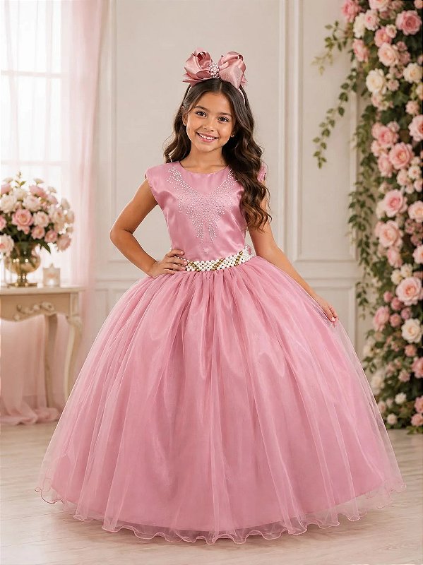 Vestido Infantil Longo Rose Festa Daminha Casamento