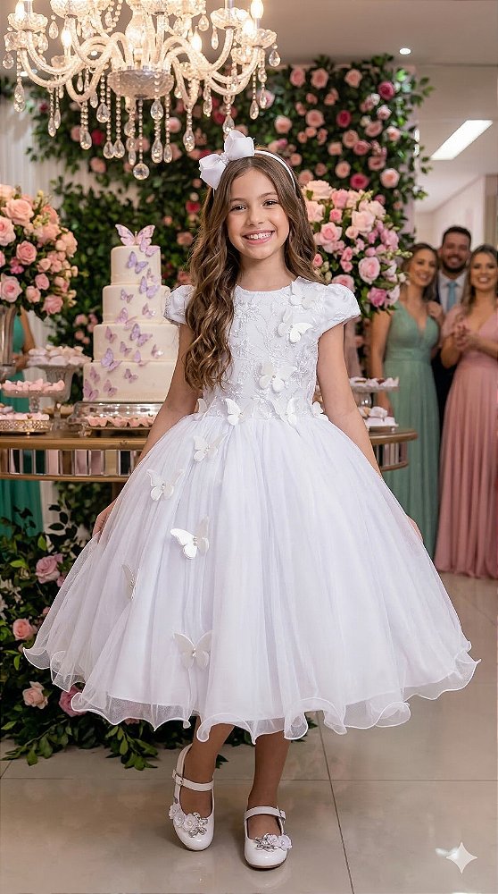 Vestido Infantil Jardim das Borboletas Midi Azul Branco