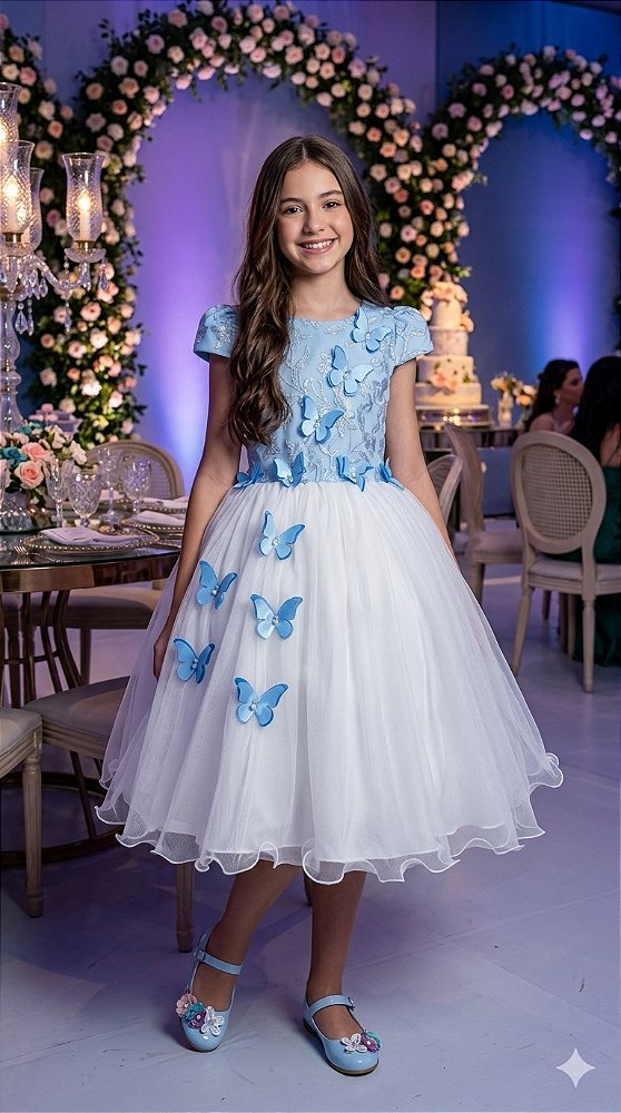 Vestido Infantil Jardim das Borboletas Midi Azul Bebe E Off