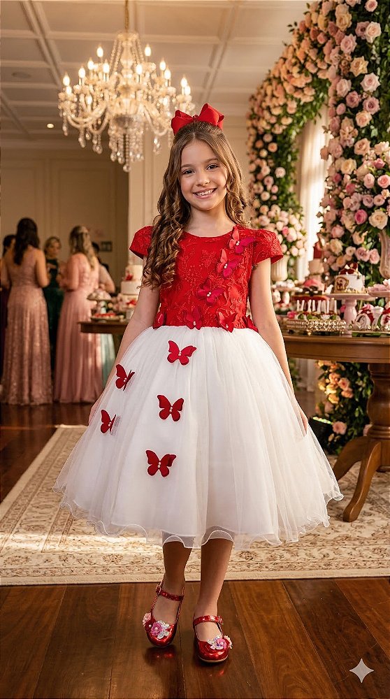 Vestido Infantil Jardim das Borboletas Midi Vermelho E Off