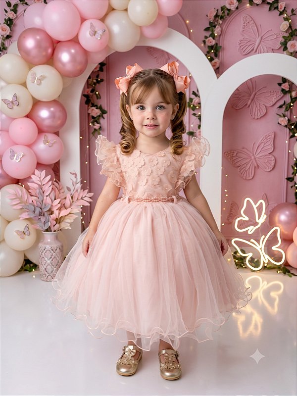Vestido Infantil Pessego Jardim Encantado Festa Luxo Casamento