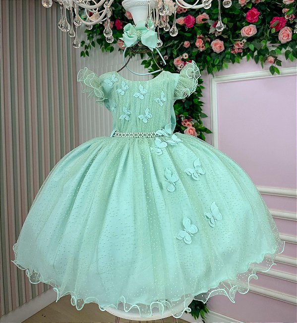 Vestido Infantil Jardim Fada Verde Menta Encantada Borboletas