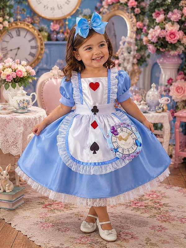 Vestido Infantil Princesa Azul Realeza Festa Aniversario com Bolsinha