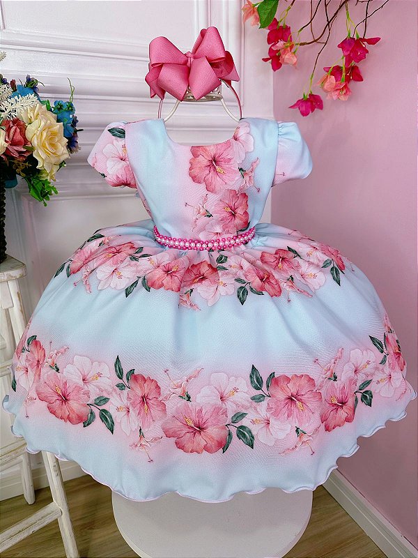 Vestido Infantil Azul Bebê Florido Primavera Cinto Pérolas