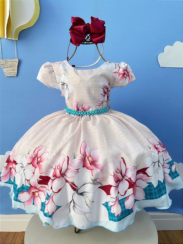 Vestido Infantil Marfim Flores Primavera Cinto de Pérolas
