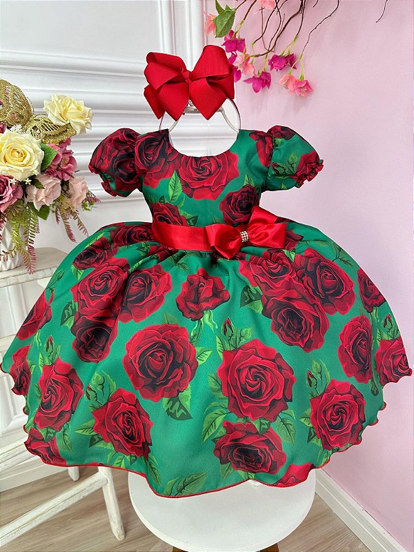 Vestido Infantil Verde Florido de Rosas Natal