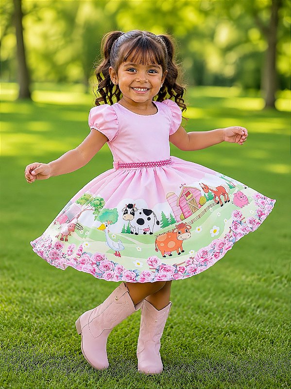 Vestido Infantil Fazendinha Rosa Pérolas Festas Luxo