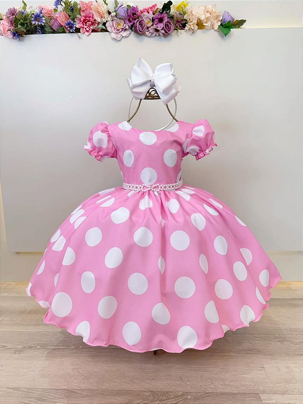 Vestido Infantil Rosa Poa Festa Luxo Aniversário
