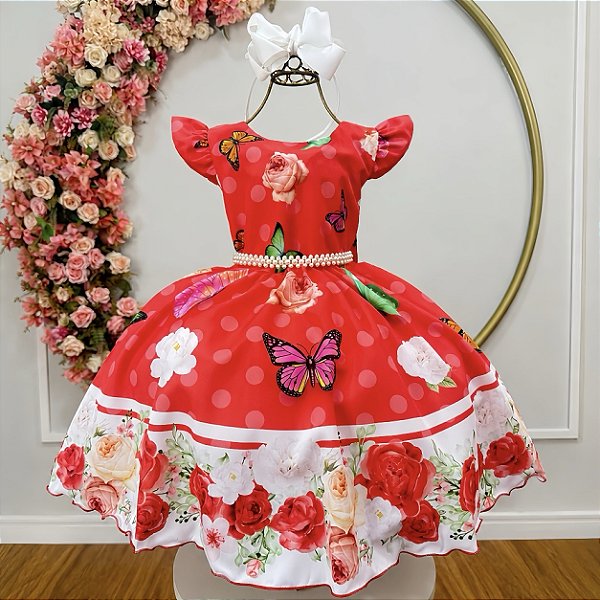 Vestido Infantil Vermelho Jardim das Borboletas Pérolas Natal