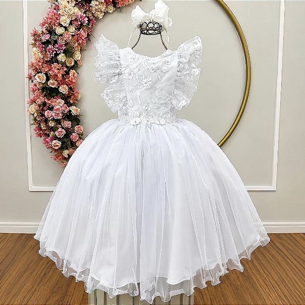 Vestido Infantil Branco Batizado Bordado Jardim das Borboletas
