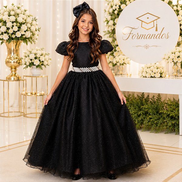 Vestido Infantil Festa Menina Preto Luxo Glitter Formatura