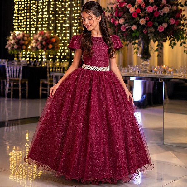 Vestido Infantil Festa Menina Marsala Luxo Glitter Formatura