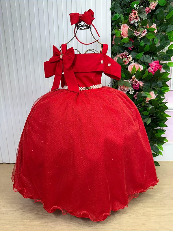 Vestido Infanti Vermelho Formatura Tule Glitter Festa Casamento