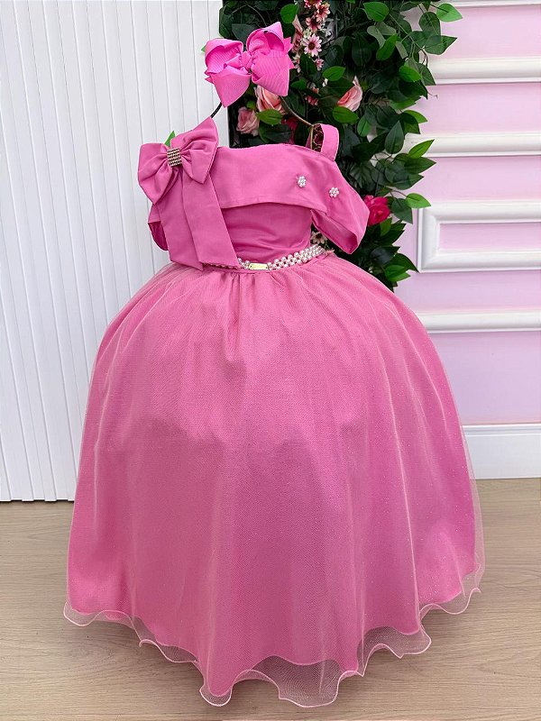 Vestido Infantil Longo Rosa Chiclete Formatura Tule Glitter Festa
