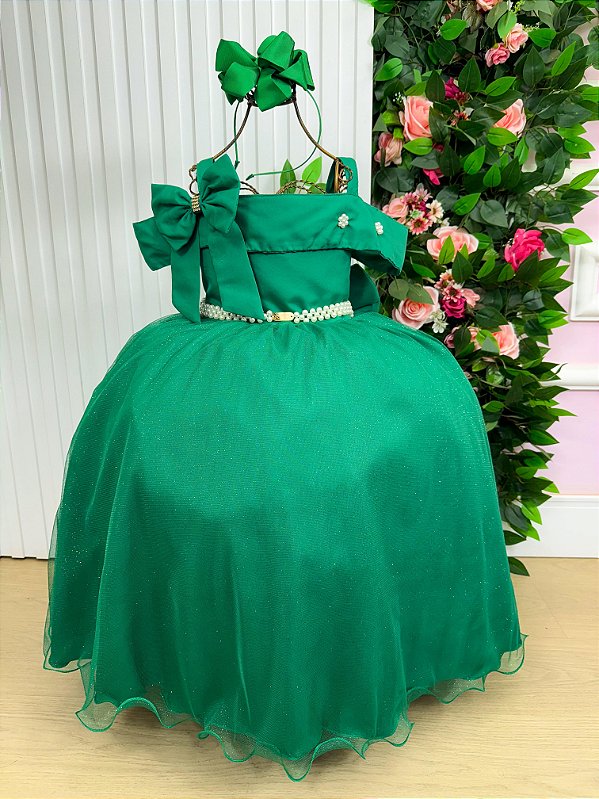 Vestido Infantil Longo Verde Bandeira Formatura Tule Glitter Festa