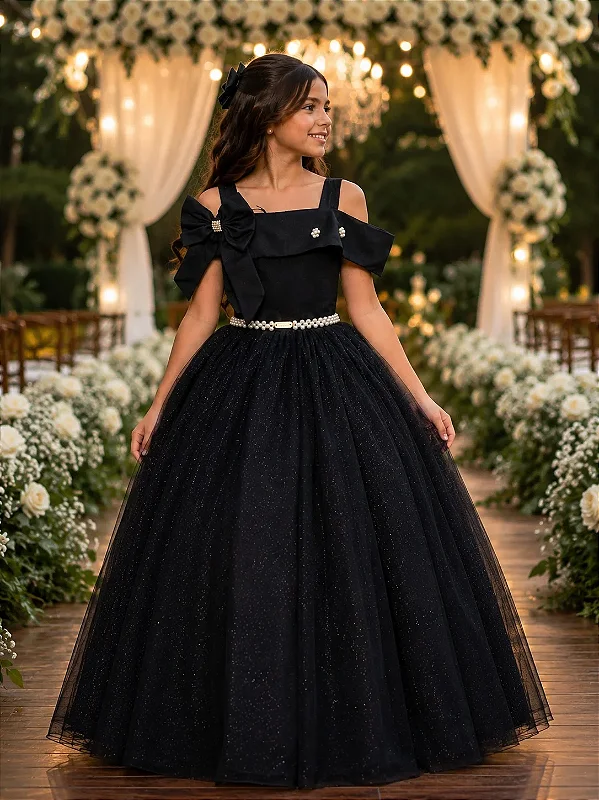 Vestido Infantil Longo Preto Formatura Tule Glitter Festa