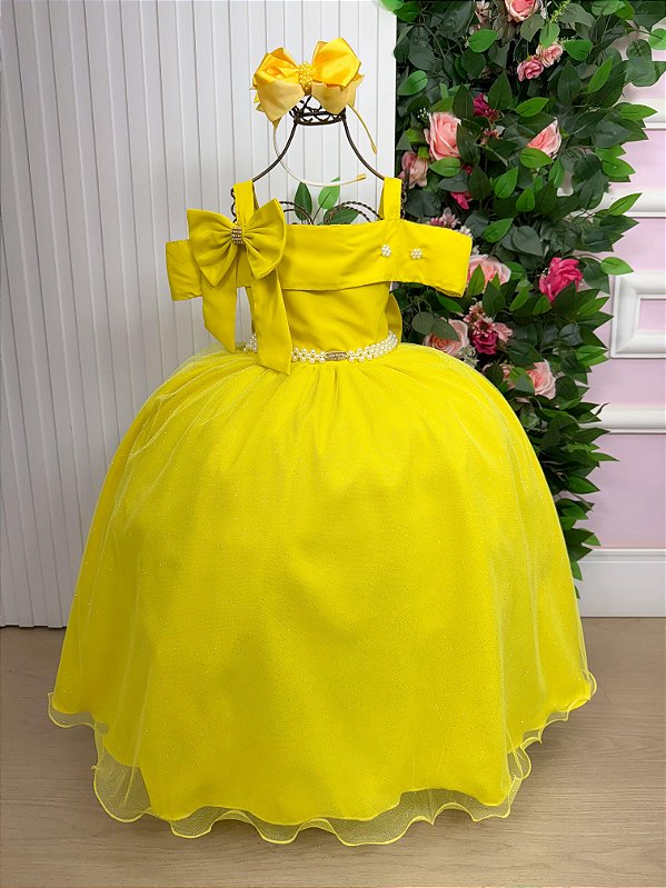 Vestido Infantil Longo Amarelo Formatura Tule Glitter Festa