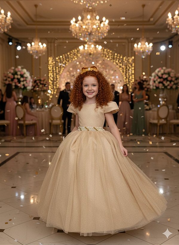Vestido Infantil Formatura Dourado Longo Tule com Glitter 1 ao 18
