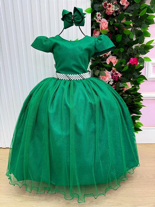 Vestido Infantil Formatura Verde Bandeira Longo Glitter