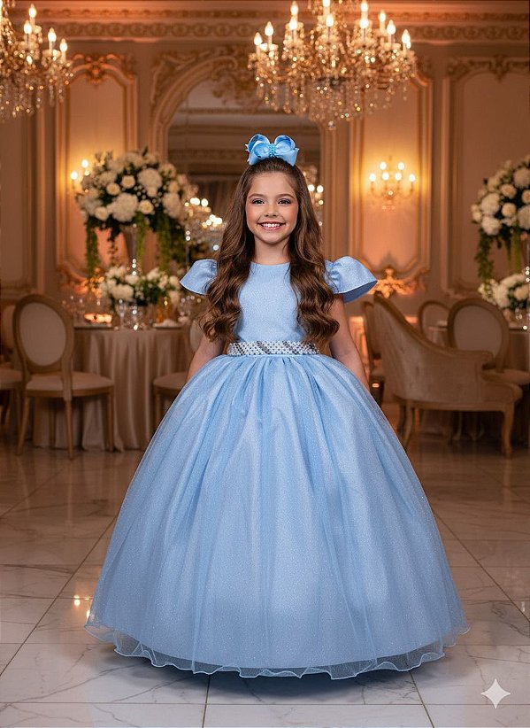 Vestido Infantil Formatura Azul Bebê Longo Glitter Dama
