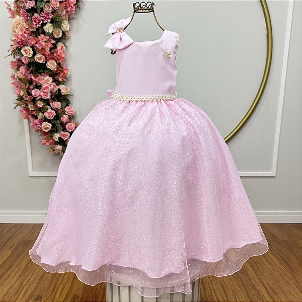 Vestido Infantil Longo Rosa Claro Luxo Daminhas Formaturas