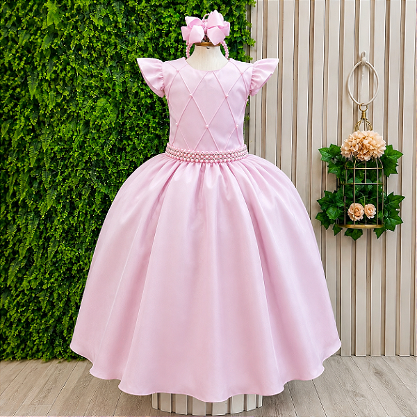 Vestido Infantil Rosa Busto Nervura Daminhas Luxo
