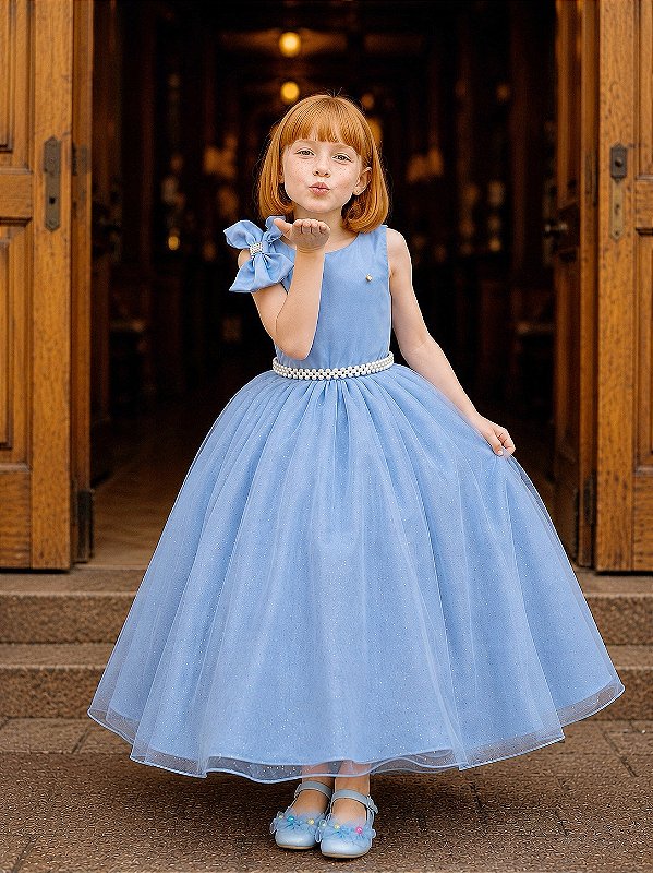 Vestido Infantil Longo Azul Luxo Daminhas Formaturas