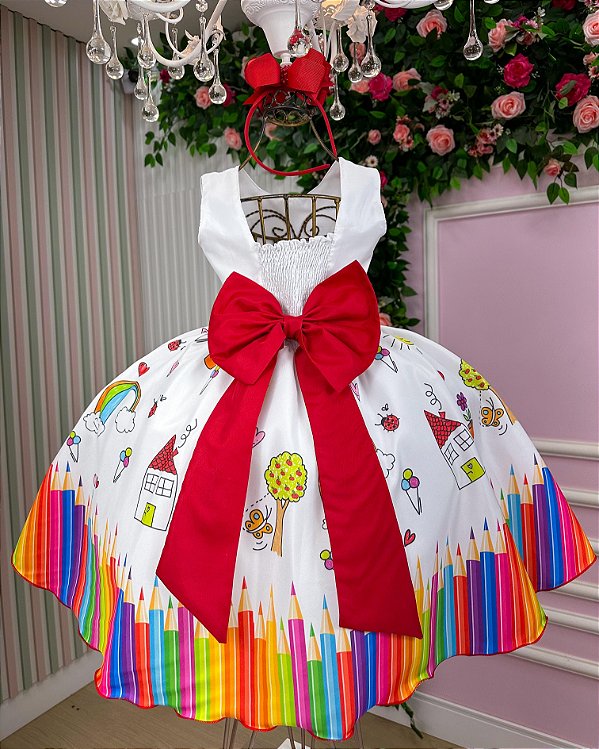 Vestido Infantil Lapis Aquarela ABC Branco e Vermelho