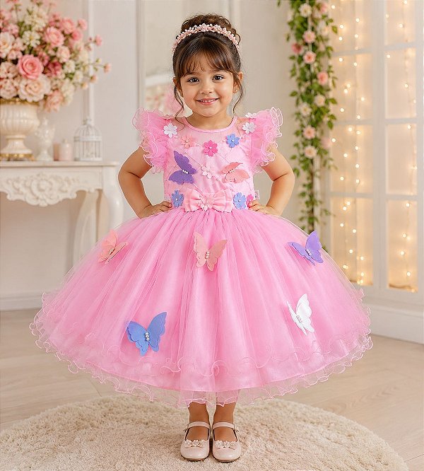 Vestido Rosa Jardim Encantado Apliques Luxo
