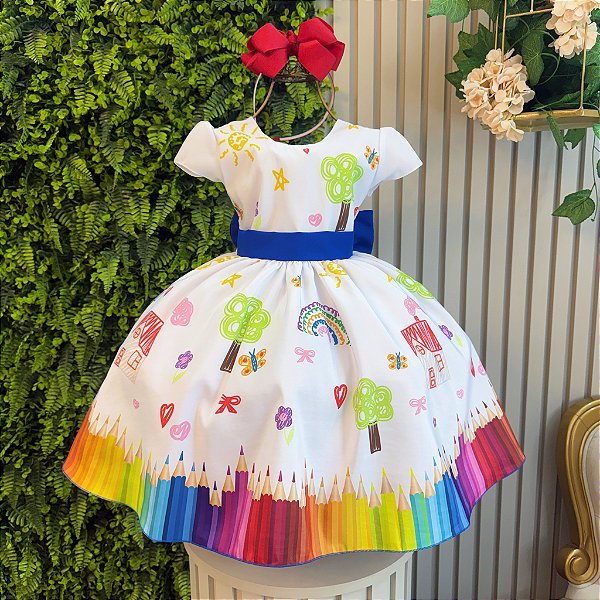 Vestido Infantil Aquarela Branco Formatura ABC Festa