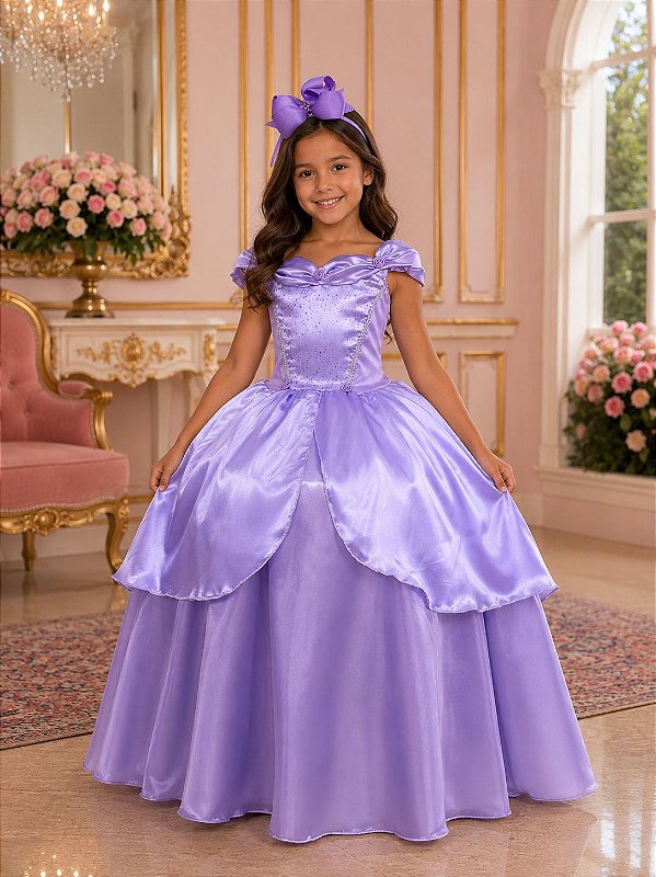 Fantasia Princesa Infantil Lilas Contos de Fadas Luxo Longa Festas Aniversário