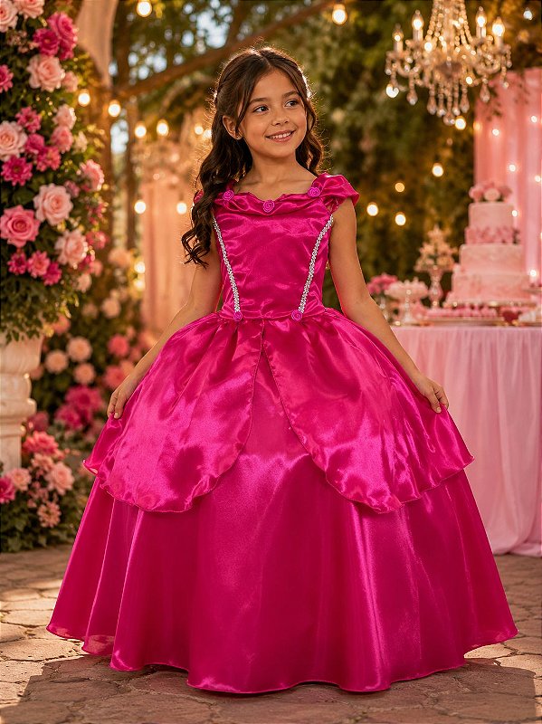 Fantasia Princesa Infantil Pink Contos de Fadas Luxo Longa Festas Aniversário