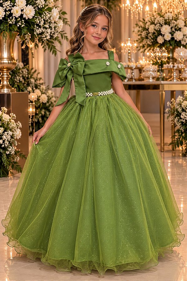 Vestido Infantil Longo Verde Militar Formatura Tule Glitter Festa