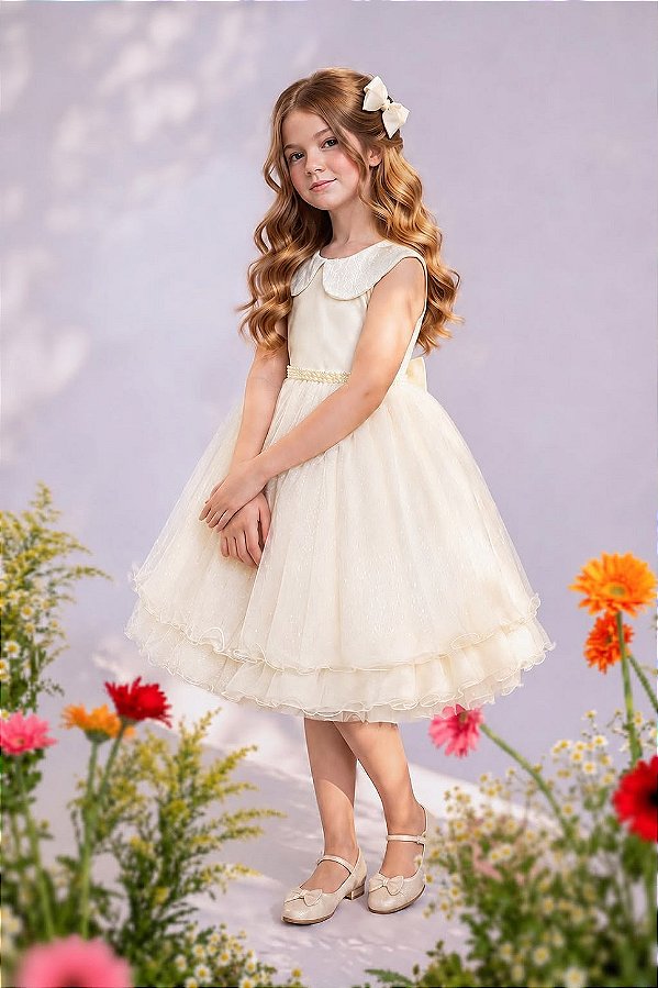 Vestido Infantil Luxo Festa Off White com Glitter e Pérolas