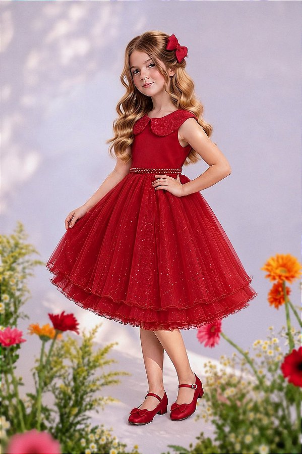 Vestido Infantil Luxo Festa Vermelho com Glitter e Pérolas