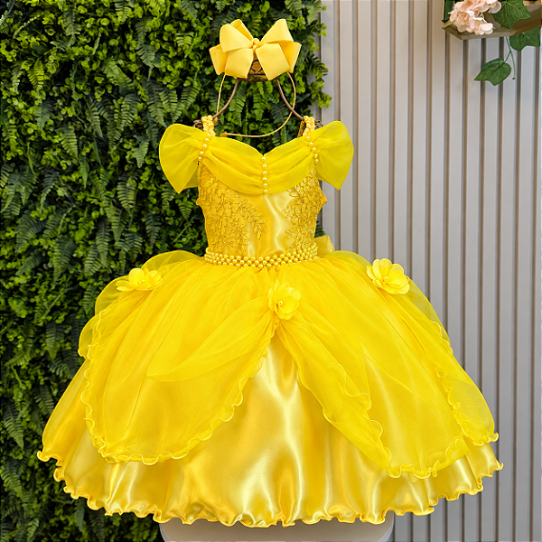 Vestido Infantil Princesas Amarelo Festa Luxo Aniversário