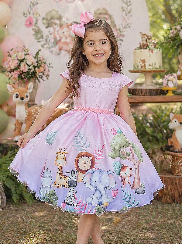 Vestido Infantil Rosa Bosque Safari Busto Strass Pérolas