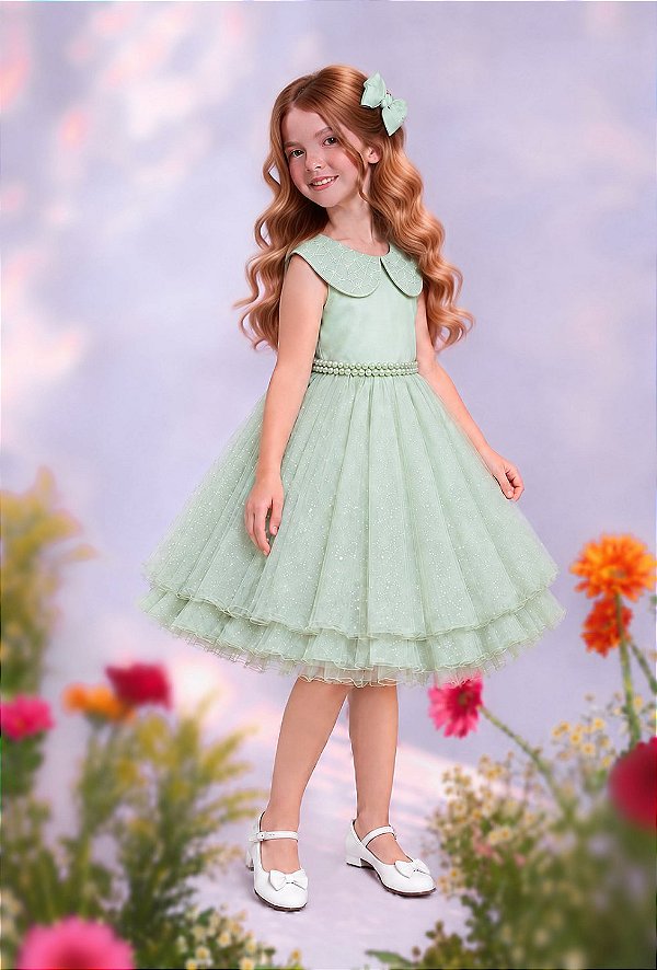 Vestido Infantil Luxo Festa Verde Menta com Glitter e Pérolas