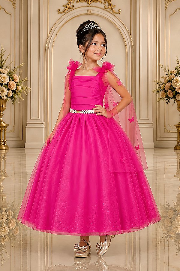 Vestido Infantil Longo Pink Aplique Borboletas Festas Luxo