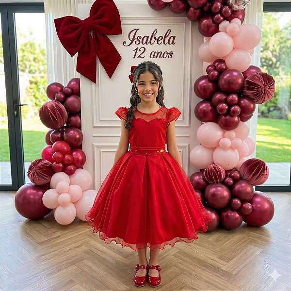 Vestido Infantil Vermelho Natalino Natal Festa Luxo Isabela