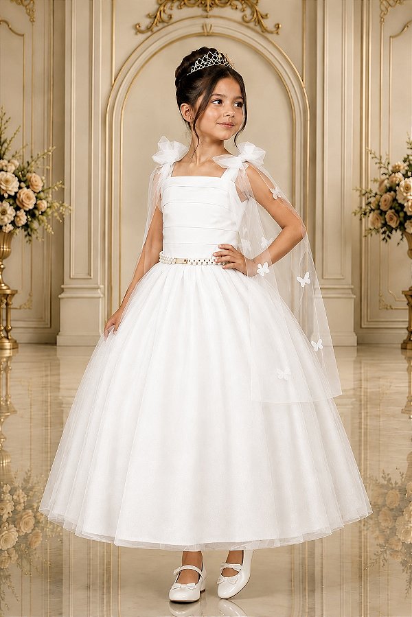 Vestido Infantil Longo Branco Formatura Casamento  Borboletas Festas